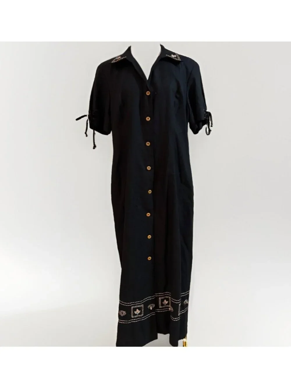 Vintage Sag Harbor Linen Blend Maxi Dress Size 14P Button Front Tie Back Modest